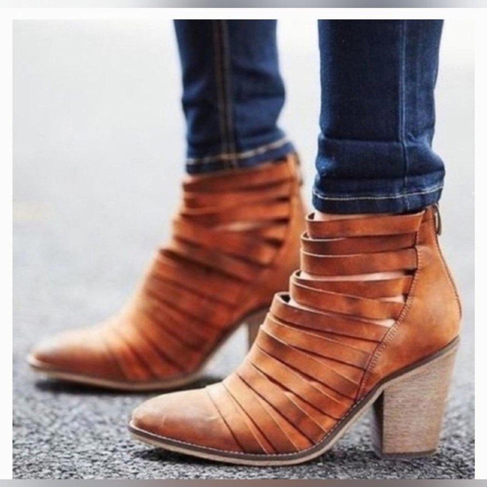 Free People Joe Tan Leather Strappy Block Heel Ankle Boots Brown Boho Zip Back